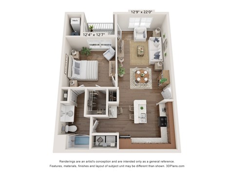 Floor plan for 1 bed, 1 bath, 731 sqft